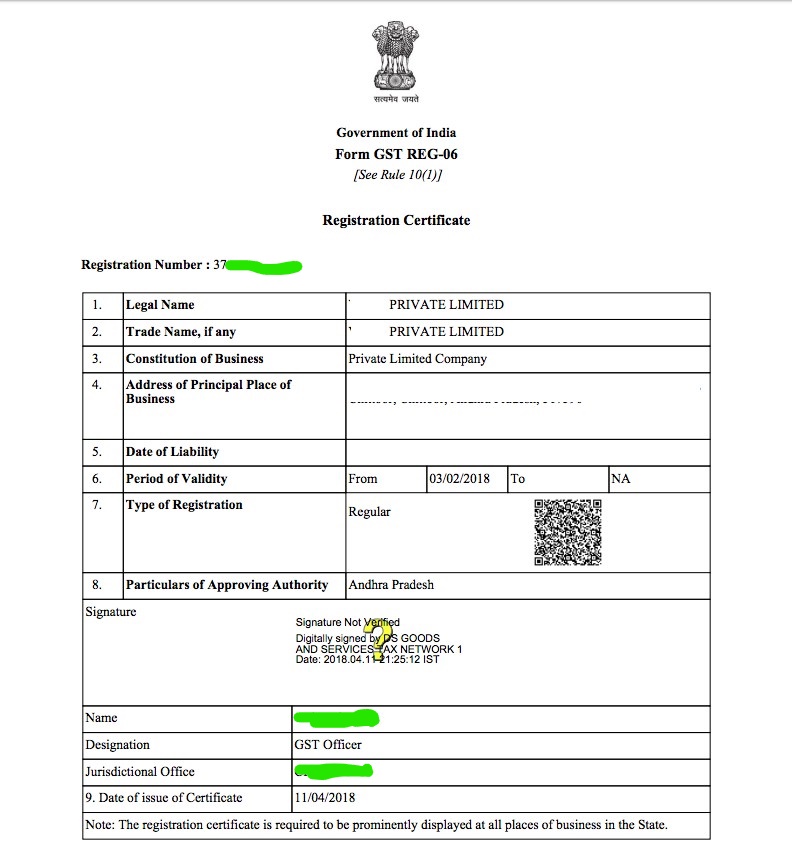 GST Certificate Sample